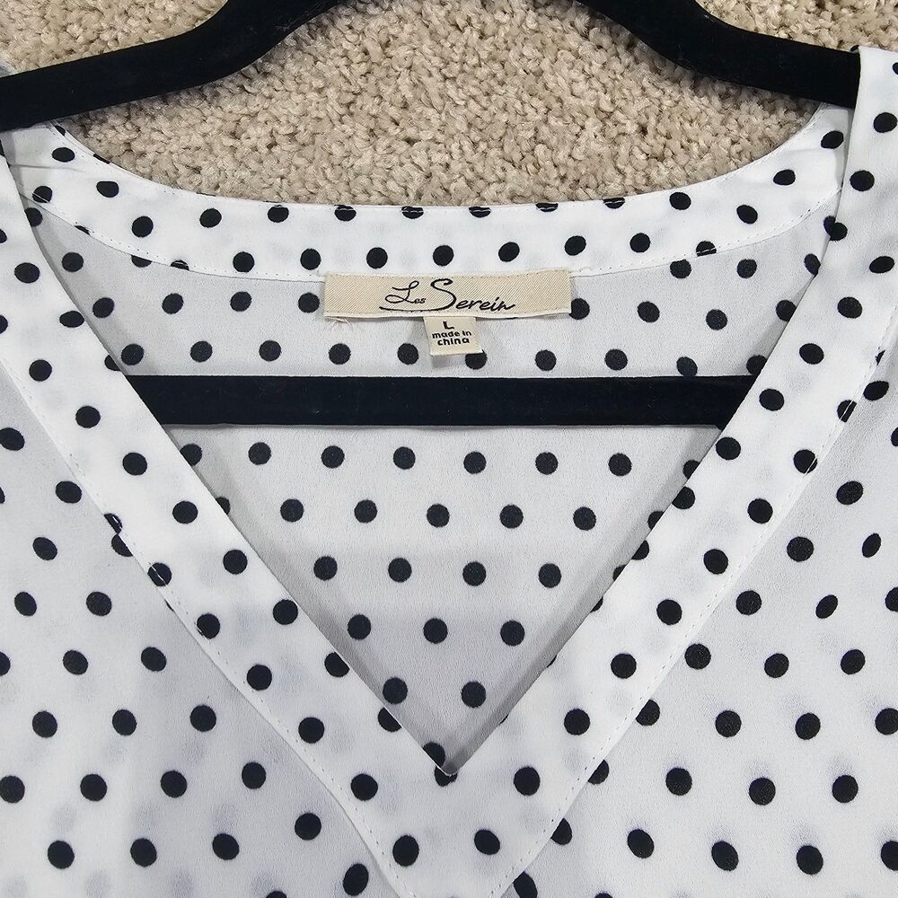 Lo Serin Polka Dot Blouse White Black Sheer 3/4 Sleeve Top Women's L - Picture 7 of 13
